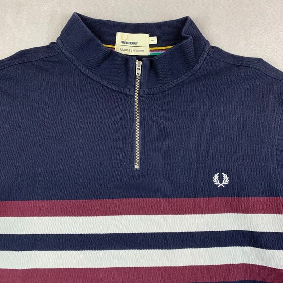 Fred Perry Bradley Wiggins Mens Shirt 2XL (Fits XL) Blue Striped Polo Pique Zip - Picture 2 of 8